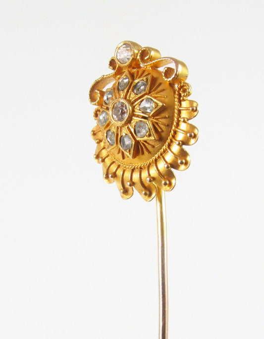 Antique Victorian 18k & 14k Gold & Diamond Etruscan Revival Stick Pin Circa 1870