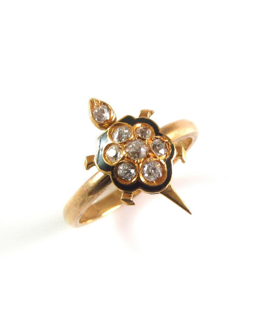 Antique Victorian 14k Gold Enamel & Diamond Turtle Conversion Ring Size 5.25