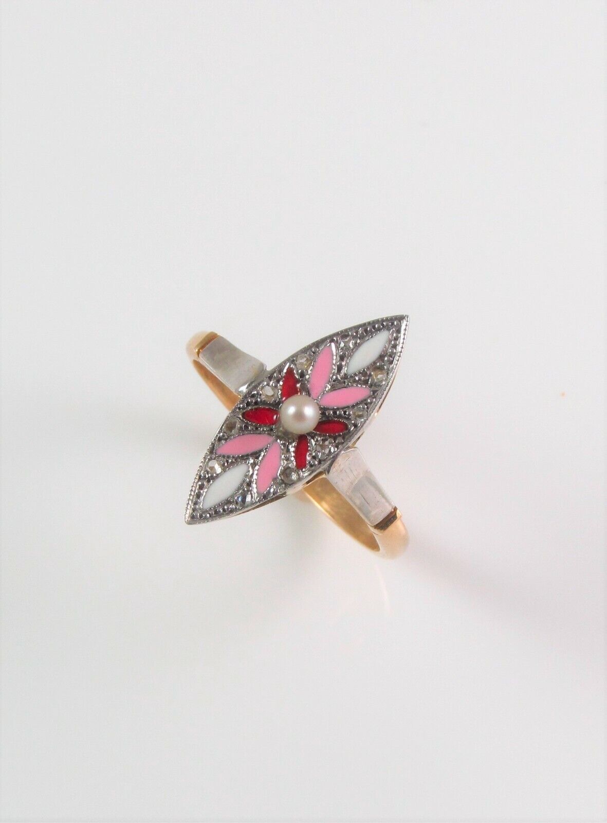 Antique Ladies 18k Gold & Platinum Art Deco Enamel Diamond Navette Ring Size 6.5