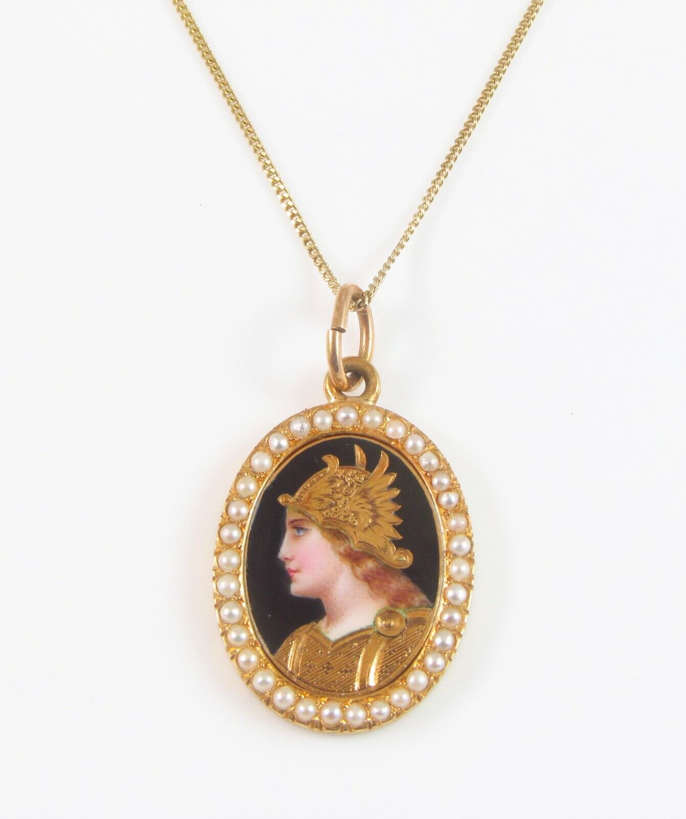 Antique 18k Gold Swiss Enamel & Pearl Portrait Athena Goddess Pendant Necklace