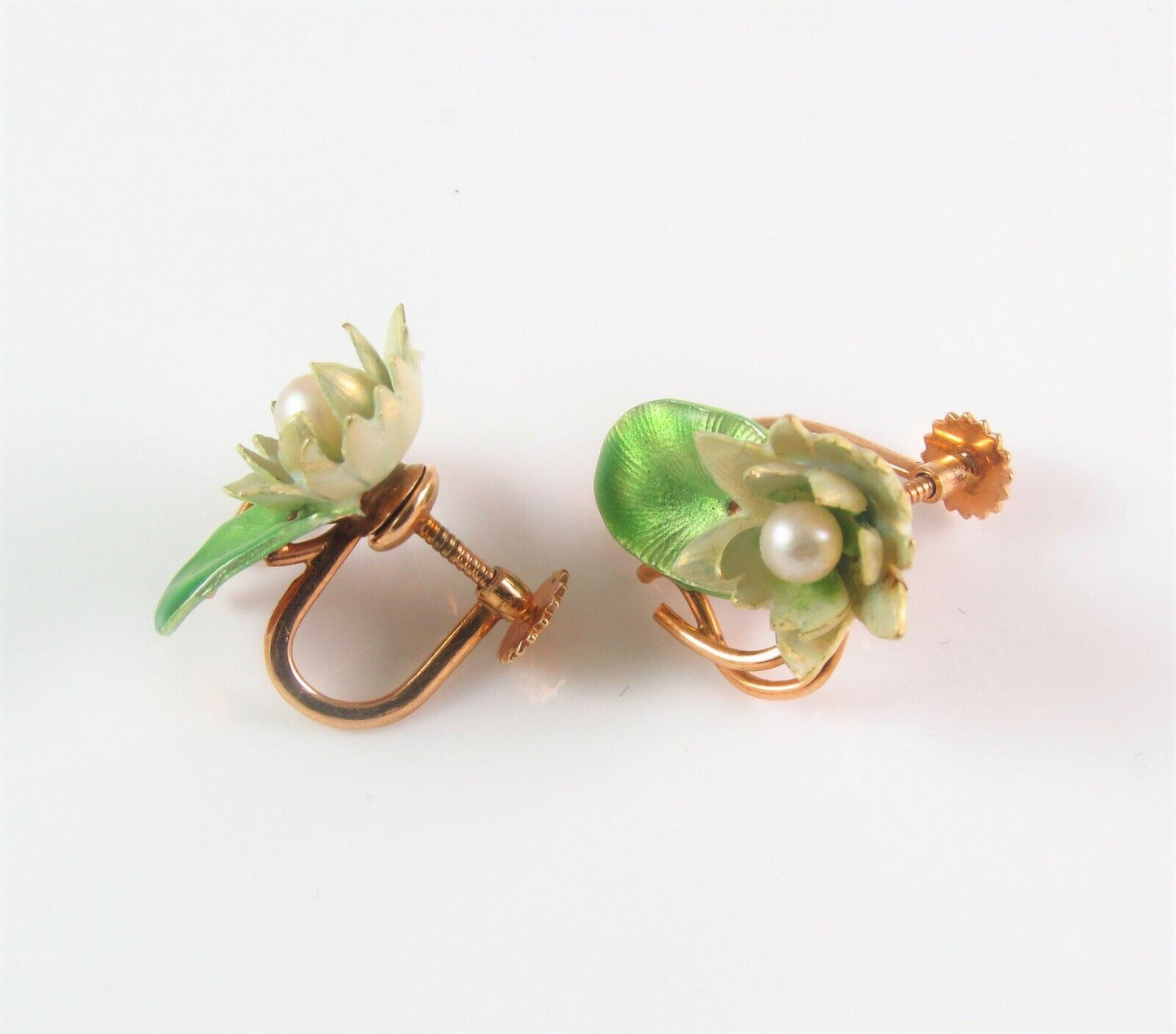 Antique 14k Gold Krementz & Co Enamel Art Nouveau Pearl Lotus Lily Pad Earrings