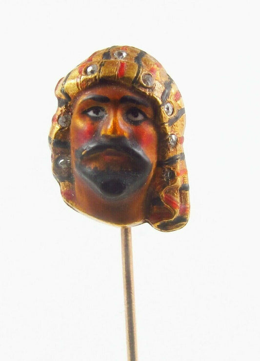 Antique 14K Gold Art Nouveau Polychrome Enamel & Diamond Arab Sheik Stick Pin