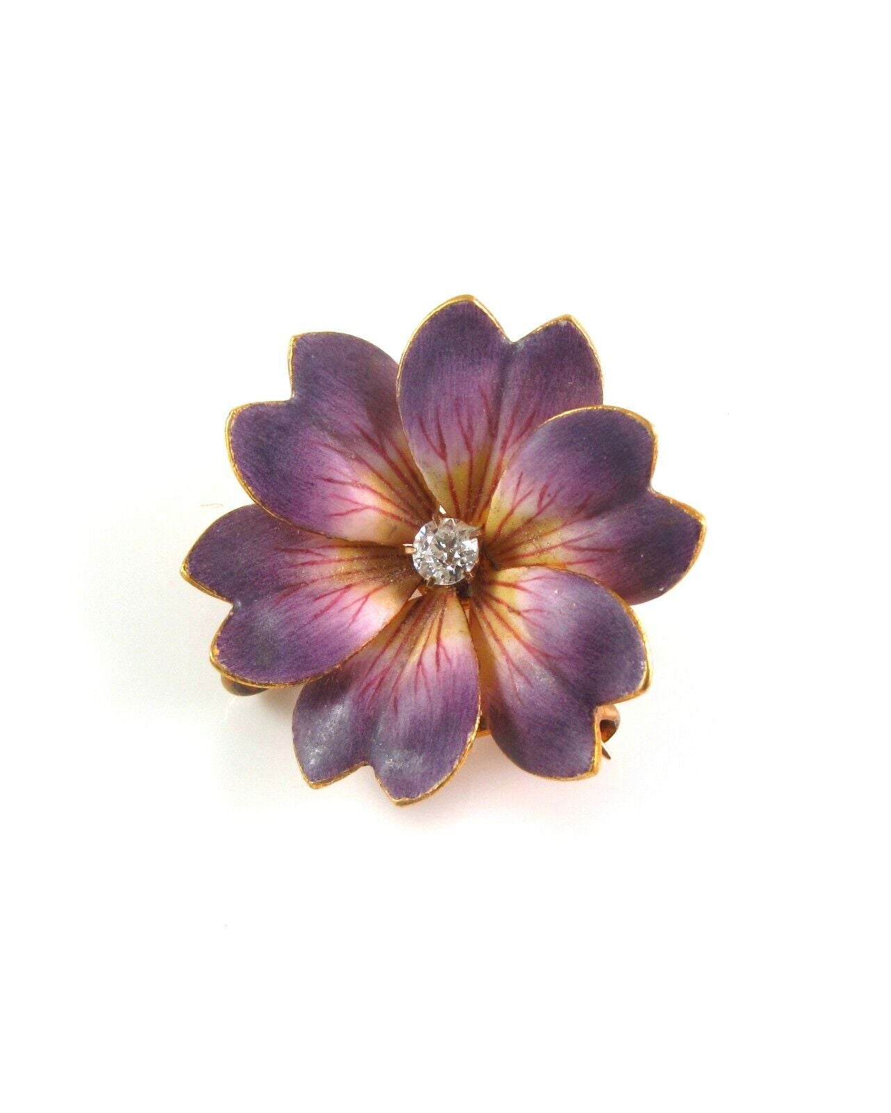 Carter Gough 14k Gold Art Nouveau Enamel Diamond Violet Flower Watch Pin Brooch