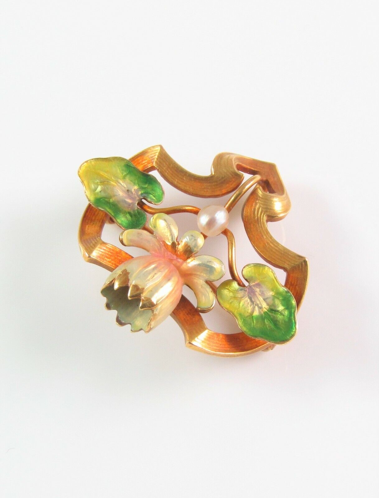 Antique 14k Gold Art Nouveau Whiteside & Blank Enamel Water Lily Brooch Pin