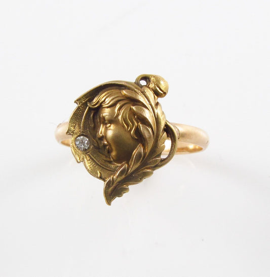 Petite 14k Gold Victorian Art Nouveau Lady Diamond Conversion Ring Size 6