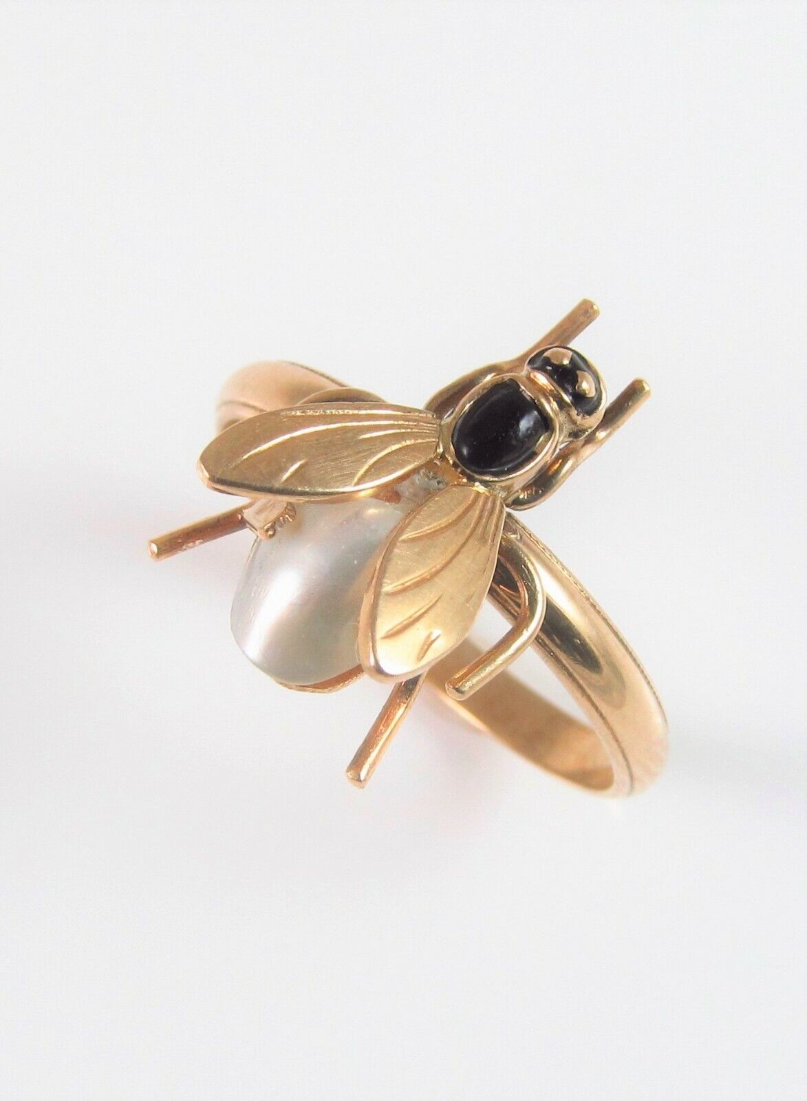Vintage 14k Gold Enamel Pearl Body Insect Wasp Bee Fly Conversion Ring Size 6.5