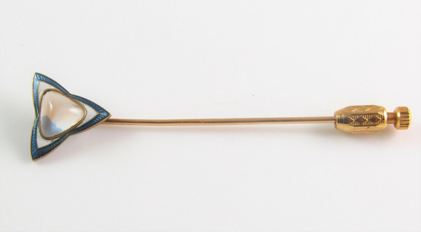Antique 14k Gold Whiteside & Blank Guilloche Enamel Moonstone Stick Pin