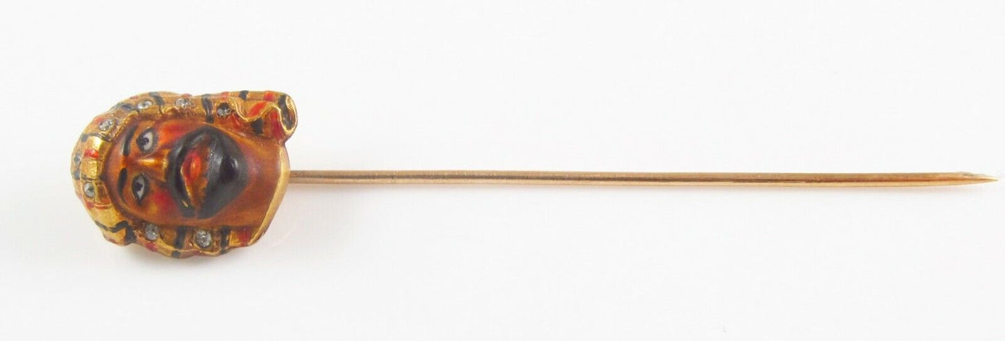 Antique 14K Gold Art Nouveau Polychrome Enamel & Diamond Arab Sheik Stick Pin