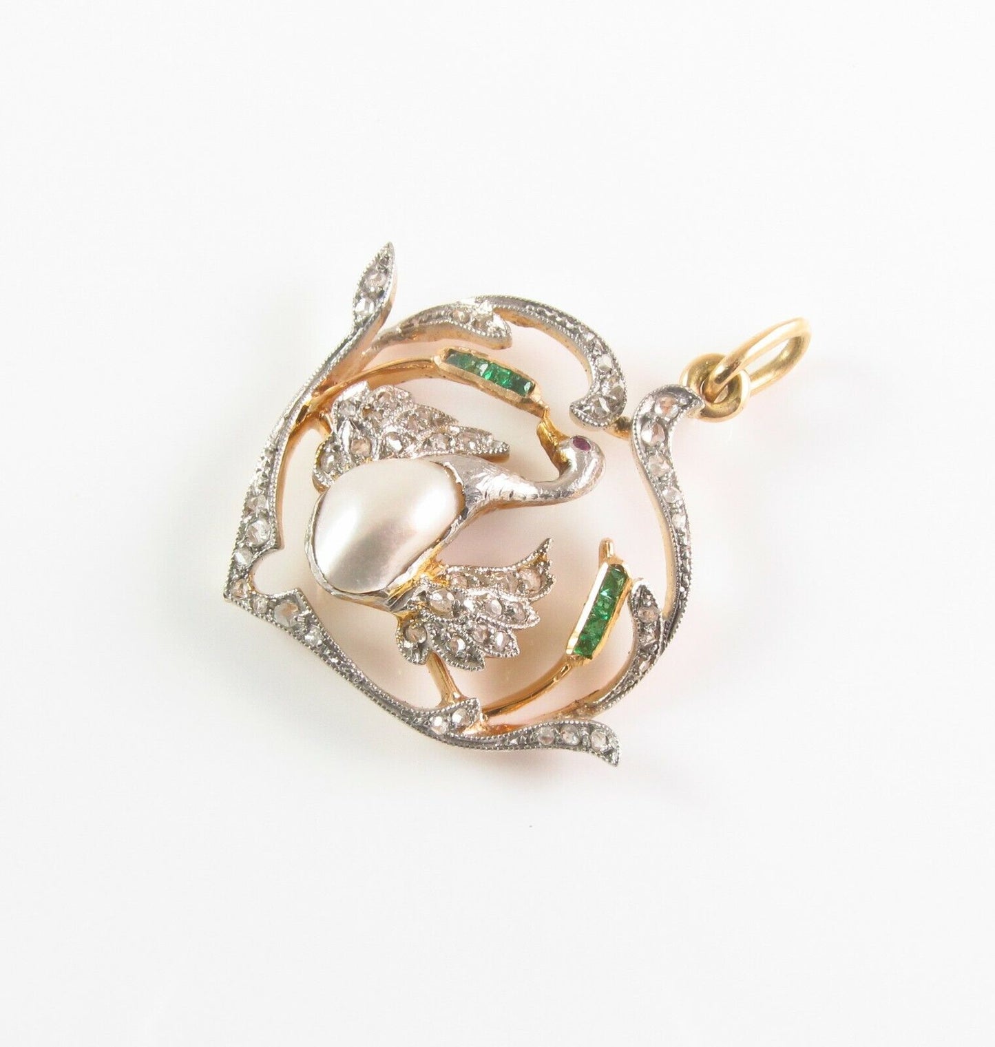 Antique Edwardian 18k Gold Platinum Topped Diamond Emerald & Pearl Swan Pendant