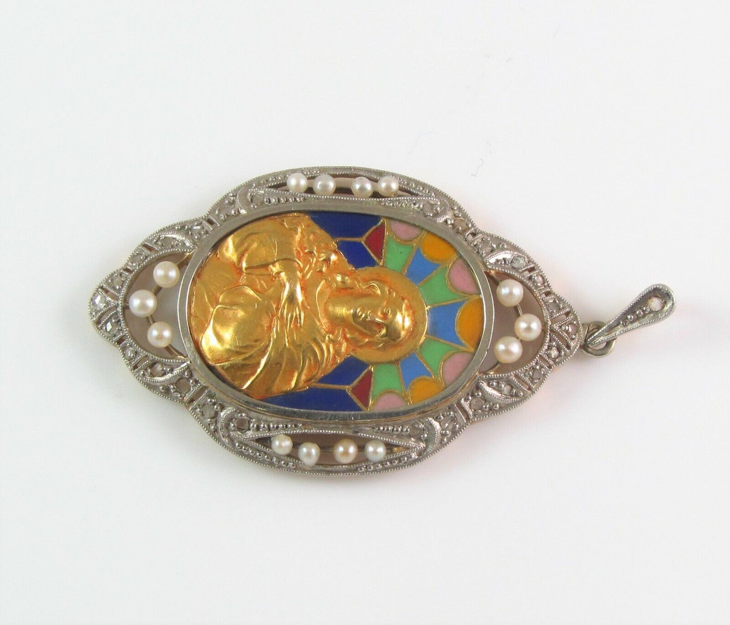 Antique 18K Gold & Platinum Enamel Diamond & Pearl Religious Virgin Mary Pendant