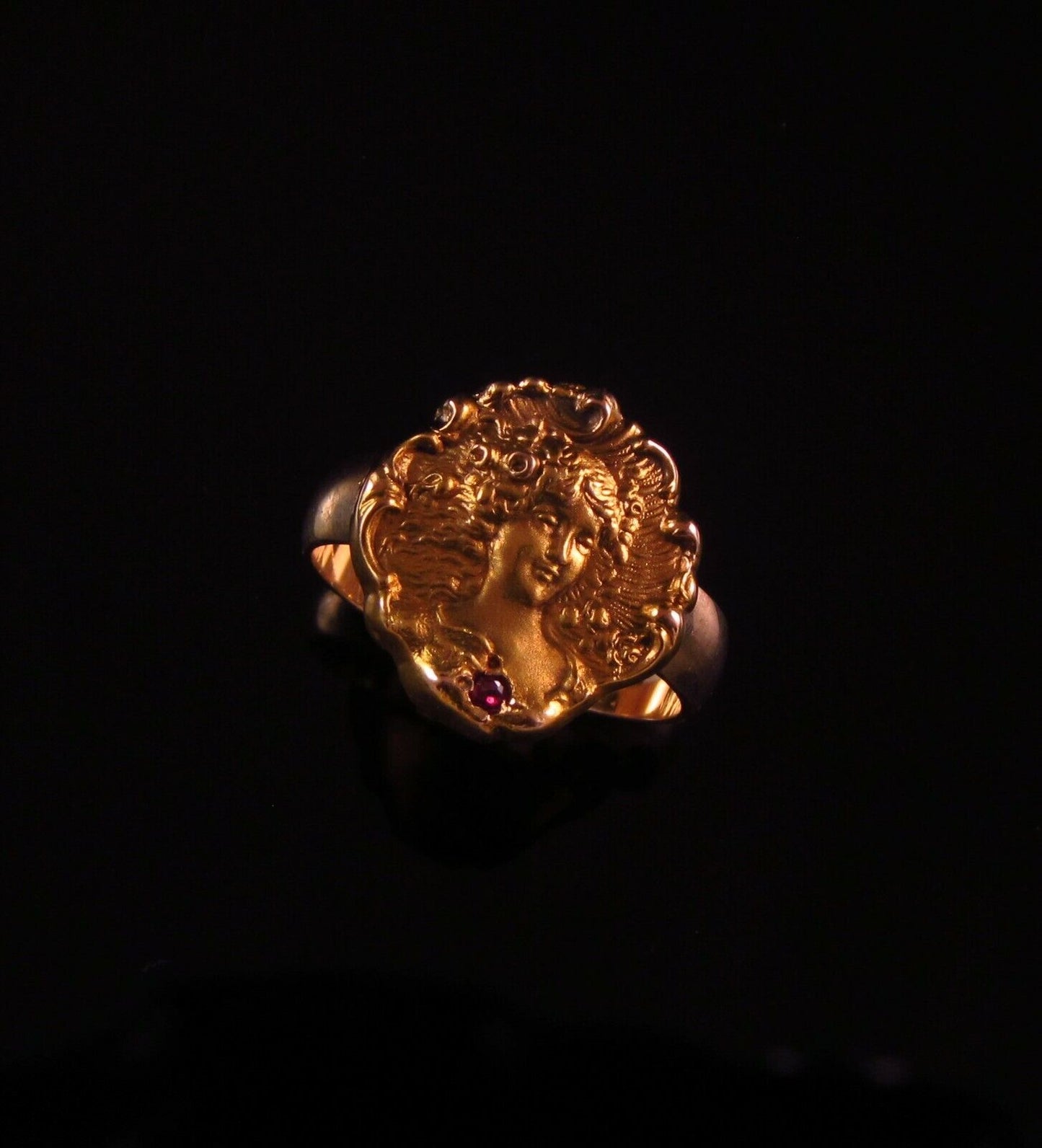 Antique 14k Gold Art Nouveau Mermaid Lady Ruby Conversion Ring Size 5.75
