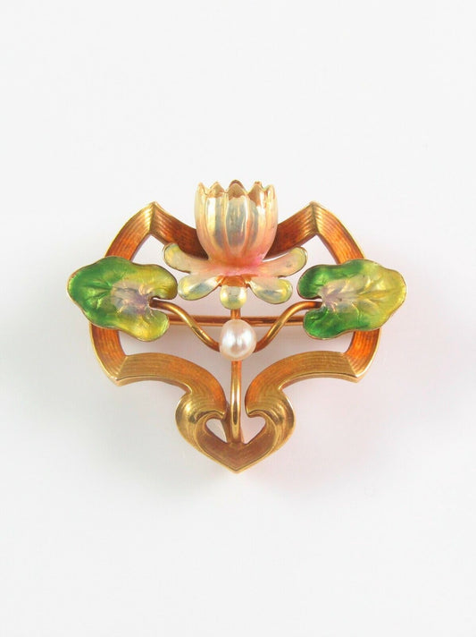 Antique 14k Gold Art Nouveau Whiteside & Blank Enamel Water Lily Brooch Pin