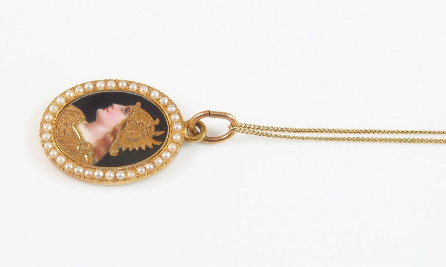 Antique 18k Gold Swiss Enamel & Pearl Portrait Athena Goddess Pendant Necklace