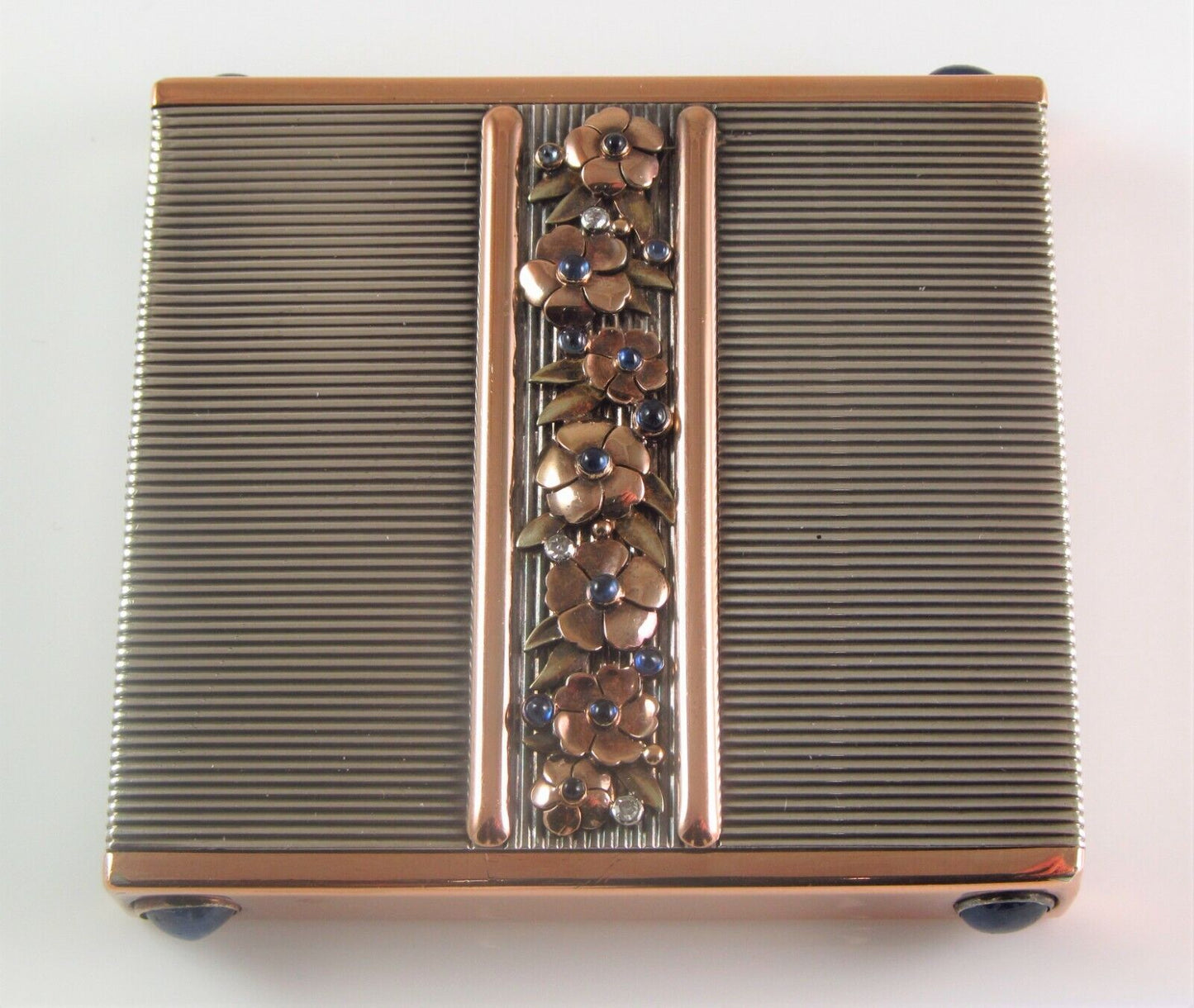 French Art Deco 18K Gold & Silver Sapphire & Diamond Floral Compact By Ostertag