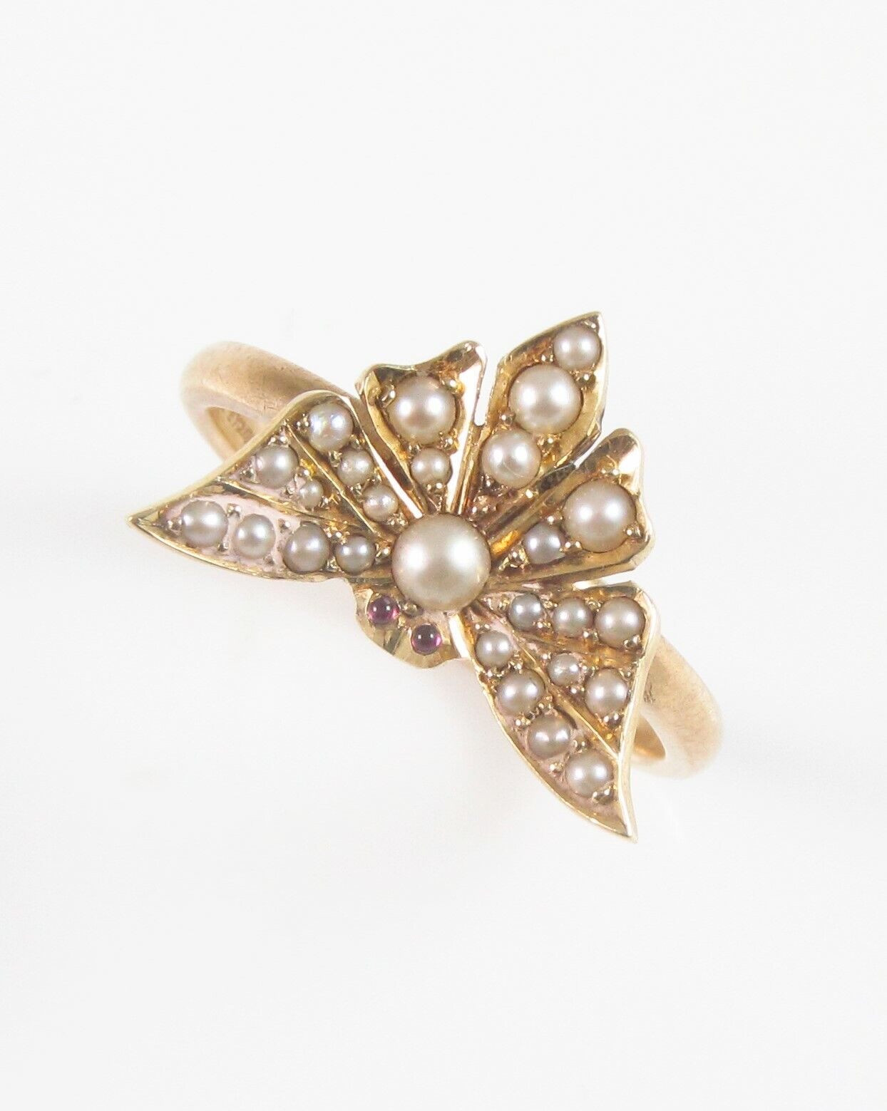 Antique 14k Gold Victorian Ruby Eyed Butterfly Pearl Conversion Ring Size 6.25