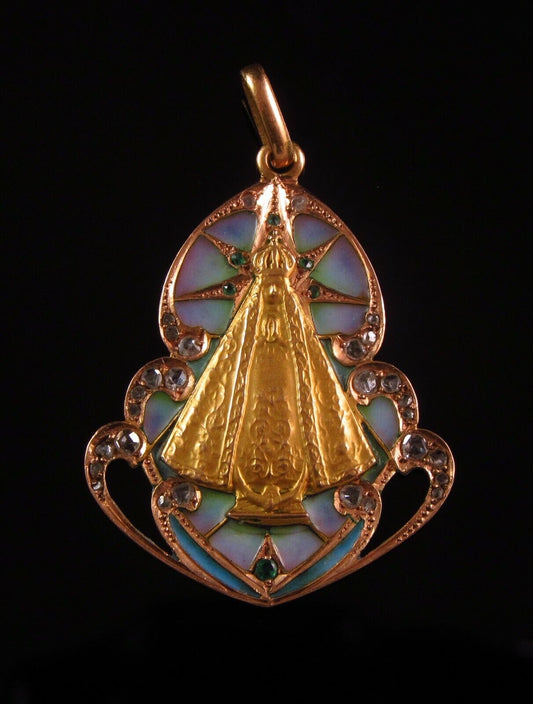 Antique 14k Gold Plique A Jour Enamel Diamond Emerald Jesus Religious Pendant