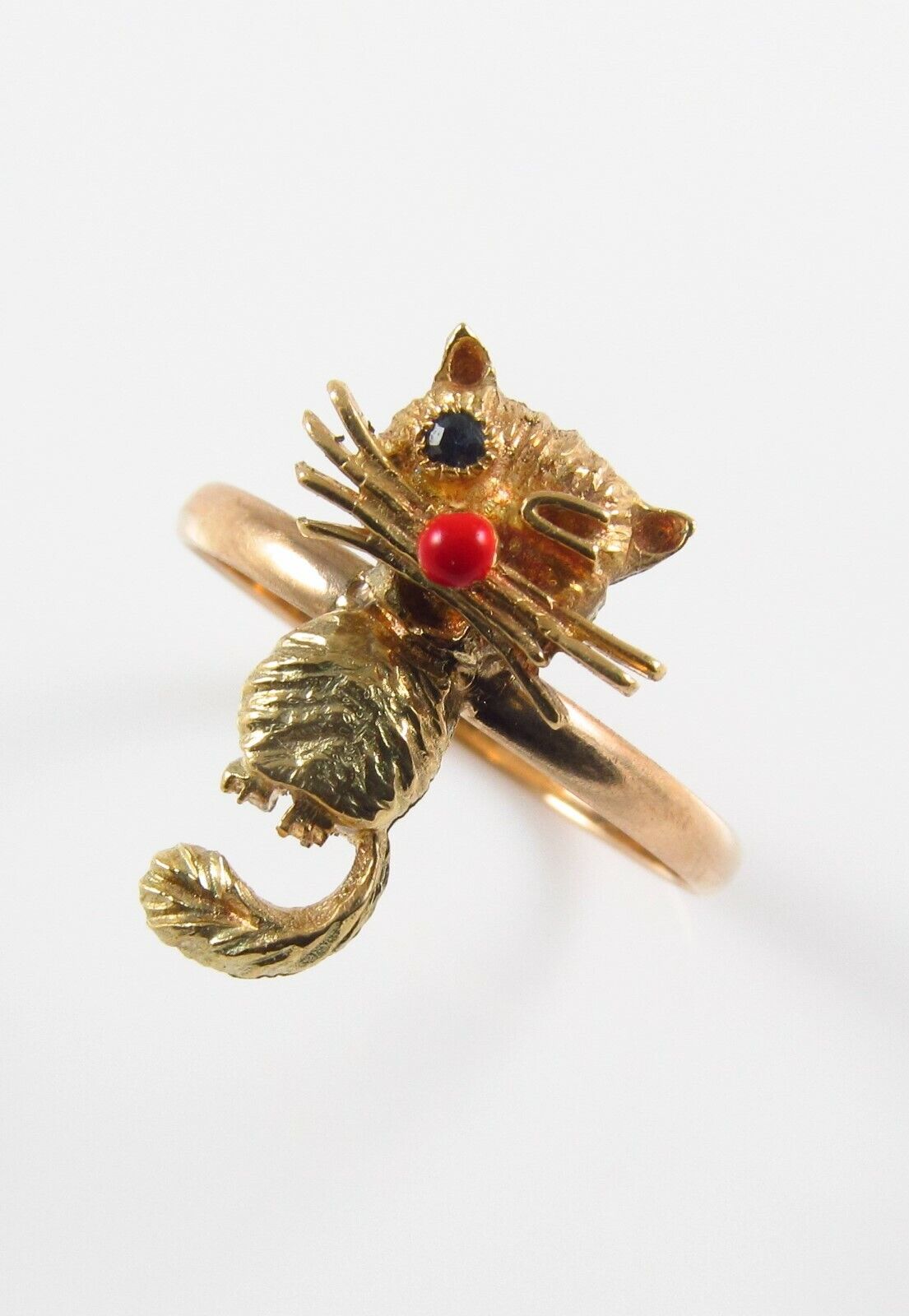 Vintage 14k Yellow Gold Sapphire Eyed & Winking Cat Conversion Ring Size 8.75