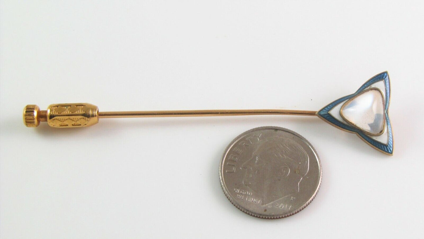 Antique 14k Gold Whiteside & Blank Guilloche Enamel Moonstone Stick Pin