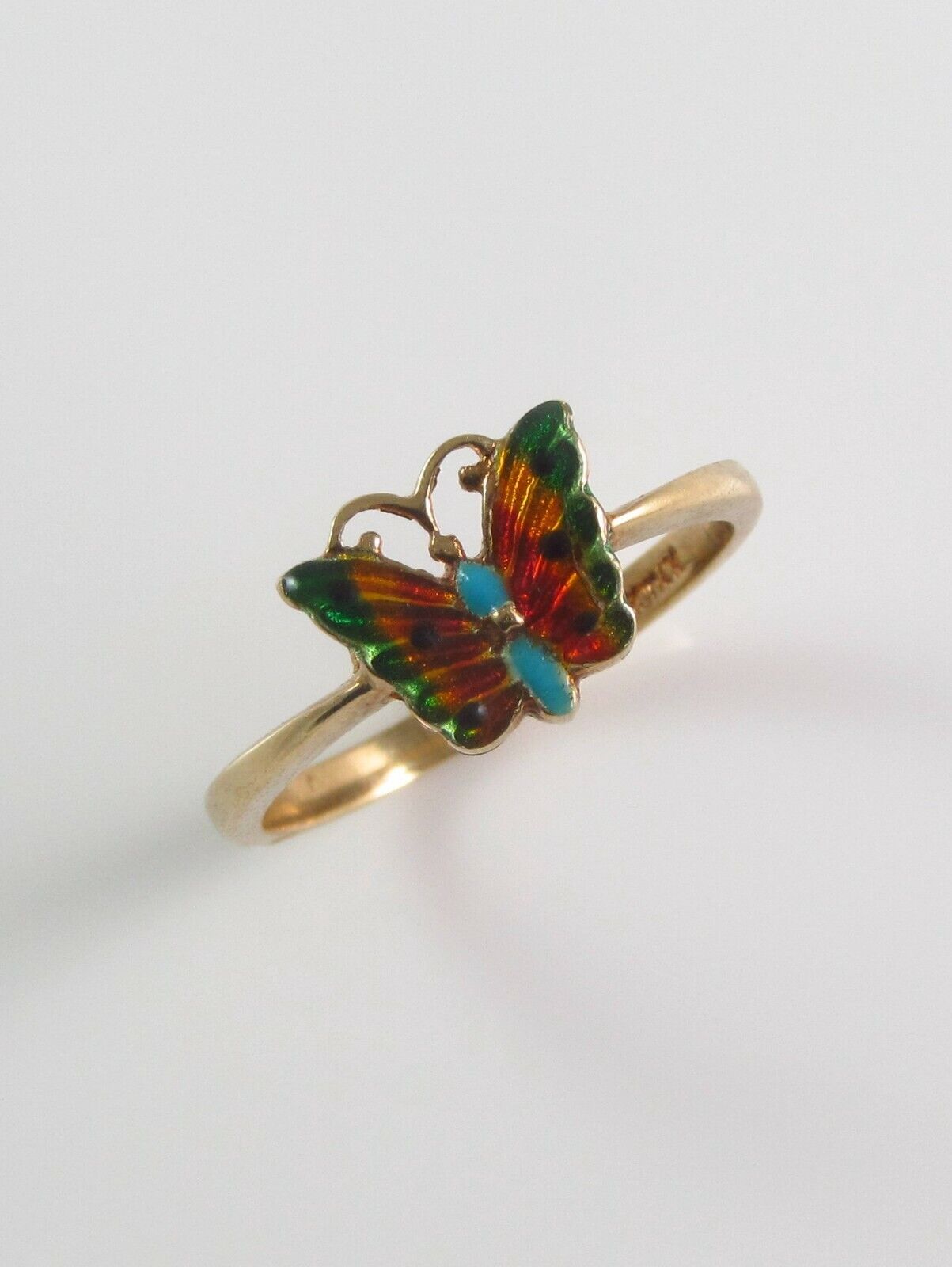 Vintage Estate Ladies 14k Yellow Gold Polychrome Enamel Butterfly Ring Size 6.25