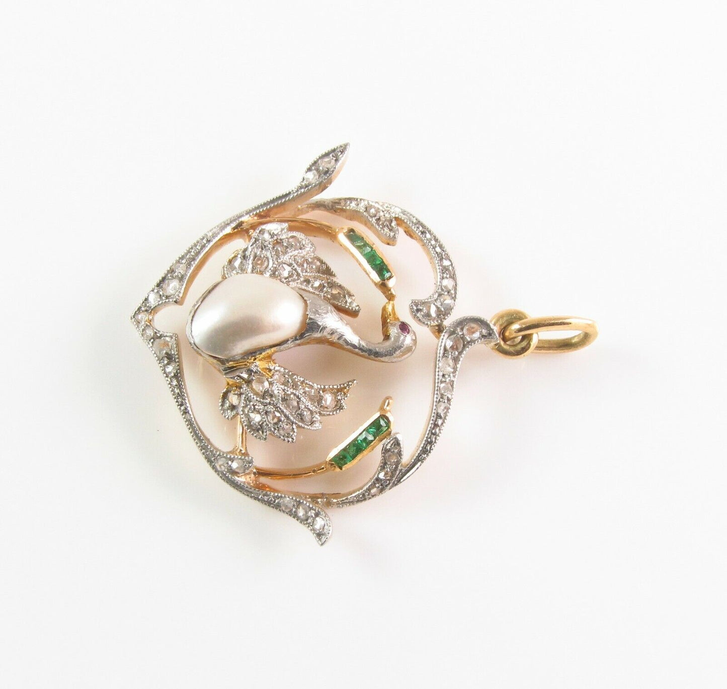 Antique Edwardian 18k Gold Platinum Topped Diamond Emerald & Pearl Swan Pendant
