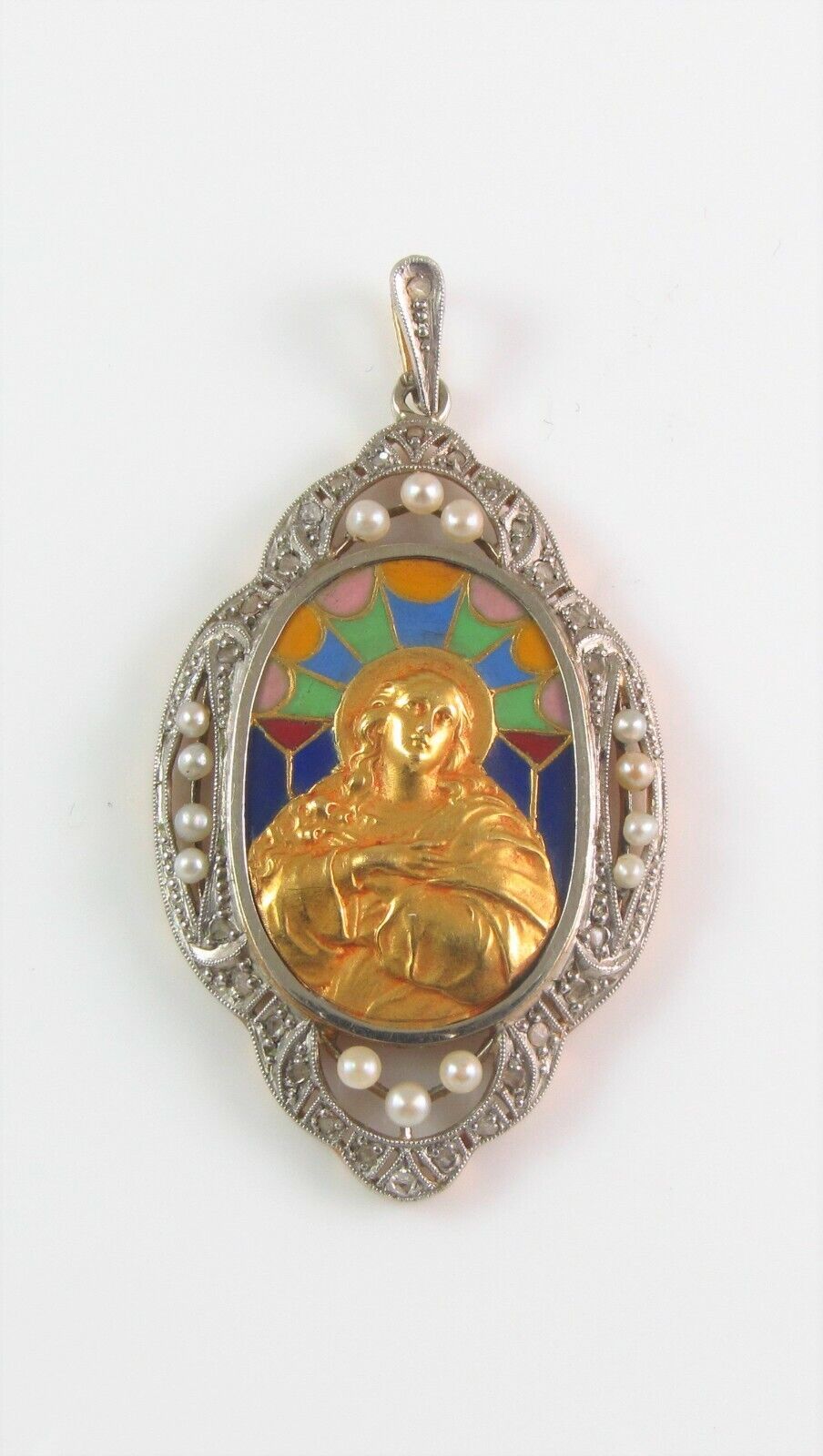 Antique 18K Gold & Platinum Enamel Diamond & Pearl Religious Virgin Mary Pendant