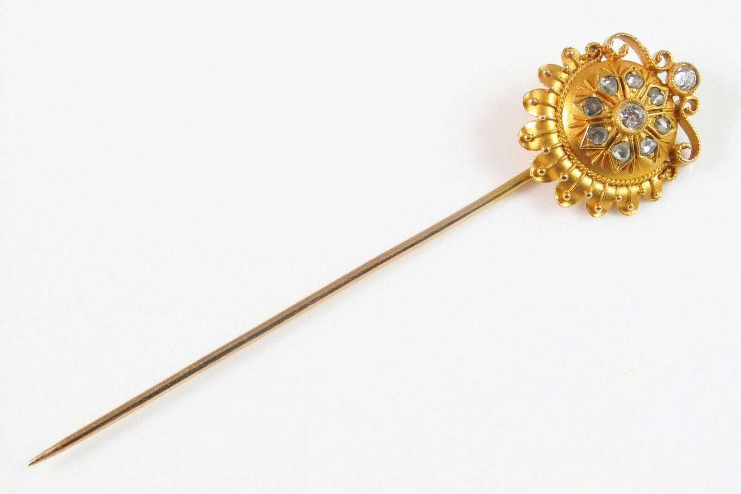 Antique Victorian 18k & 14k Gold & Diamond Etruscan Revival Stick Pin Circa 1870