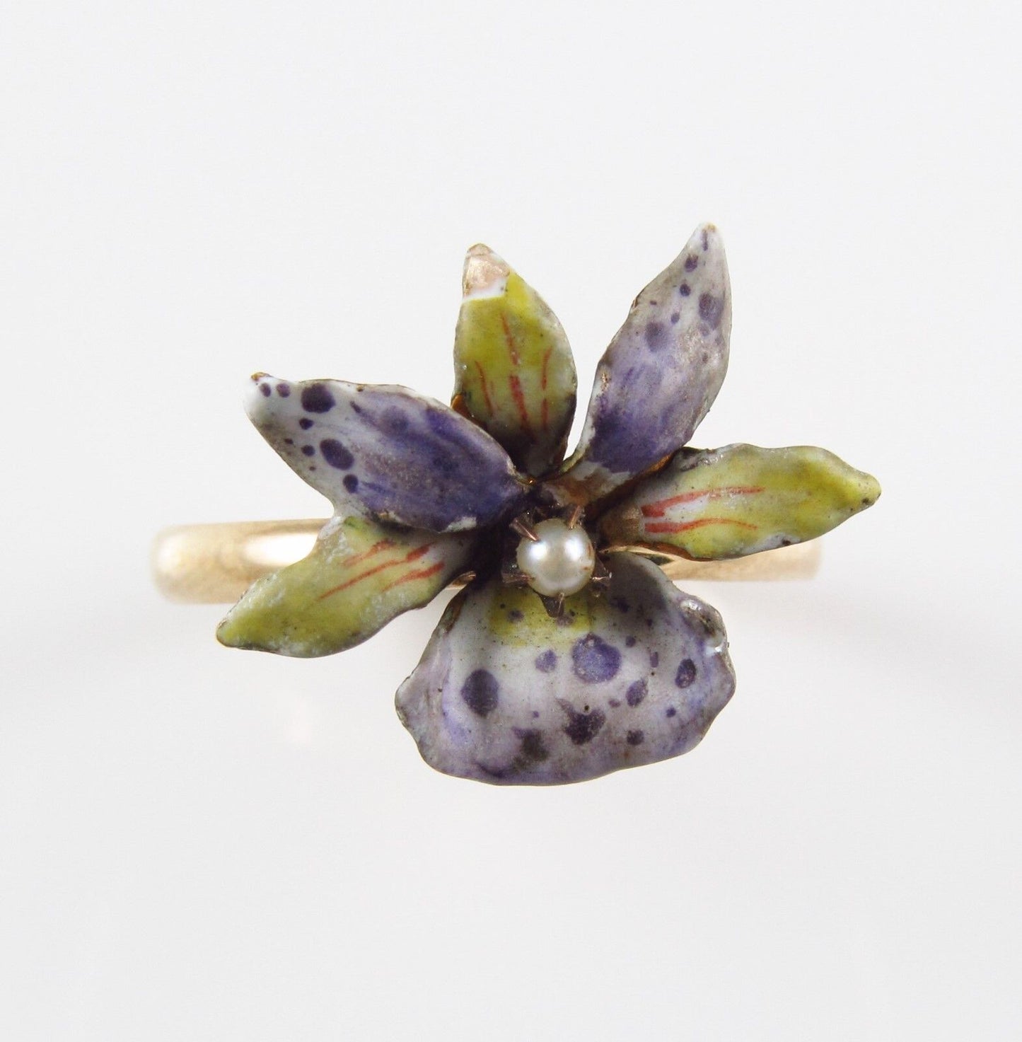 Antique 10k Gold Art Nouveau Enamel & Pearl Blooming Lily Flower Ring Size 7.5