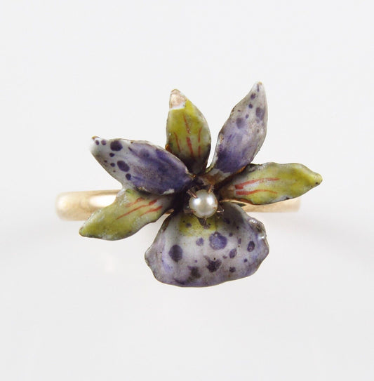 Antique 10k Gold Art Nouveau Enamel & Pearl Blooming Lily Flower Ring Size 7.5