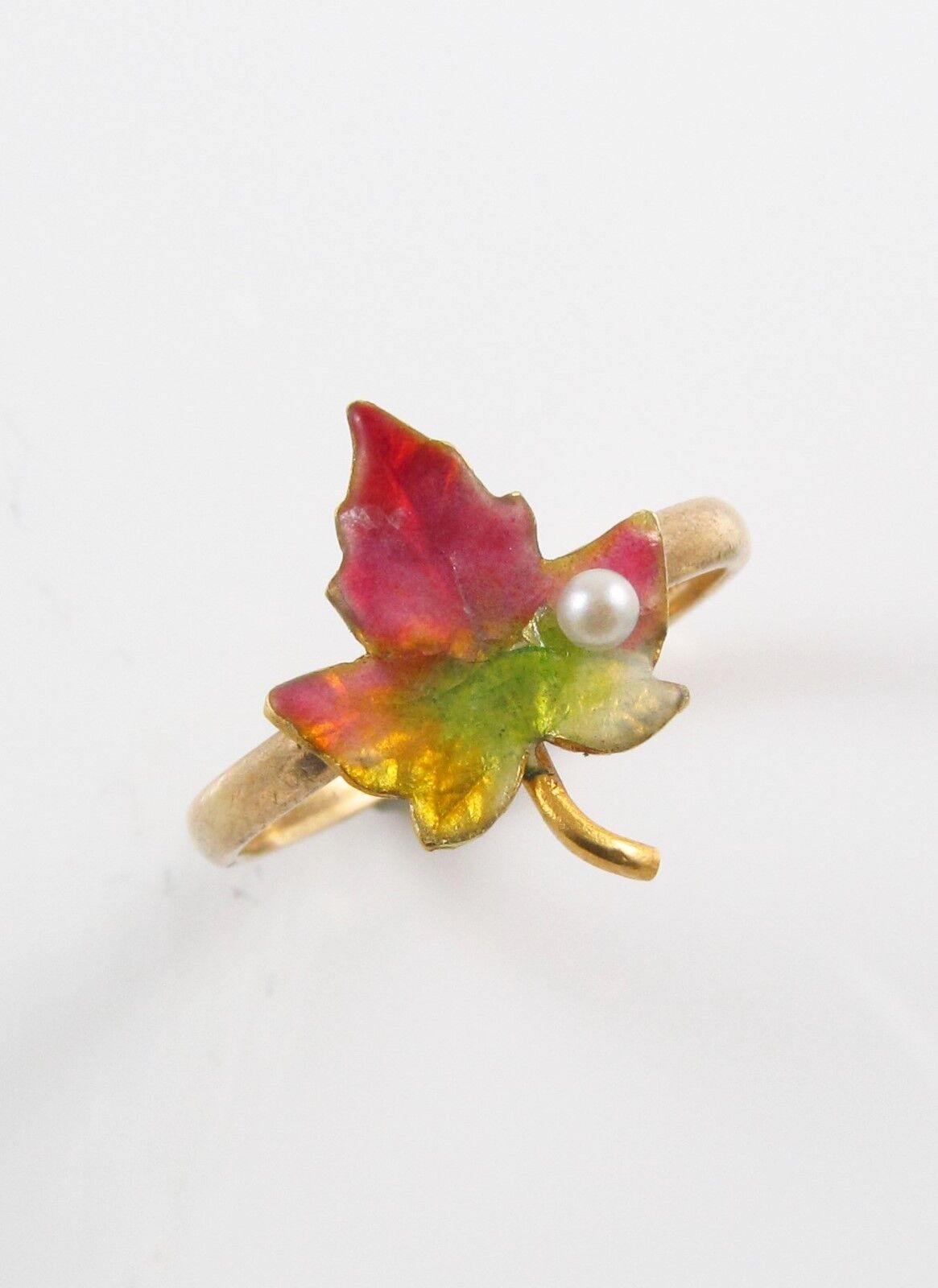 Antique 14k Gold Art Nouveau Victorian Enamel & Pearl Maple Leaf Ring Size 4.5