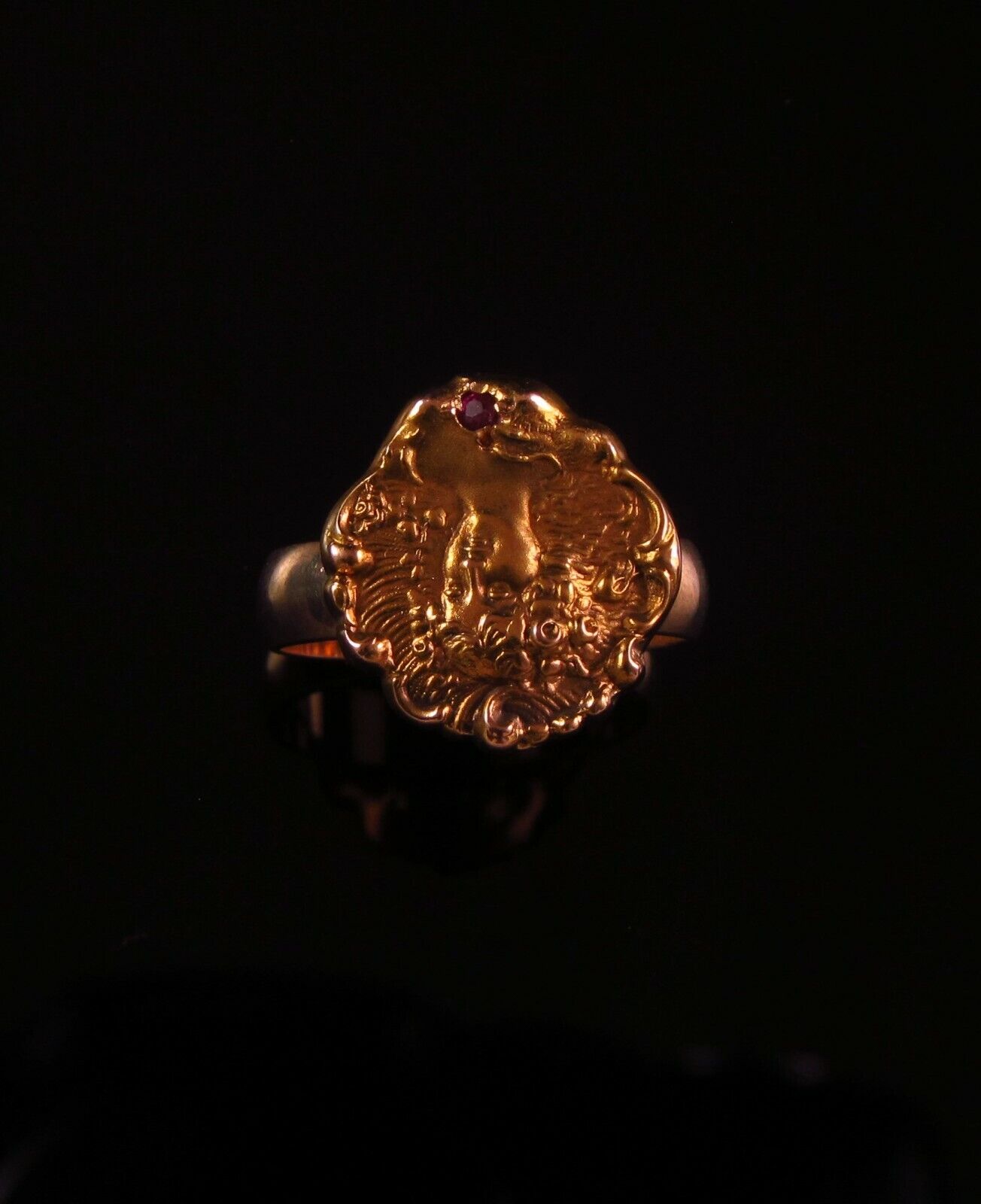 Antique 14k Gold Art Nouveau Mermaid Lady Ruby Conversion Ring Size 5.75