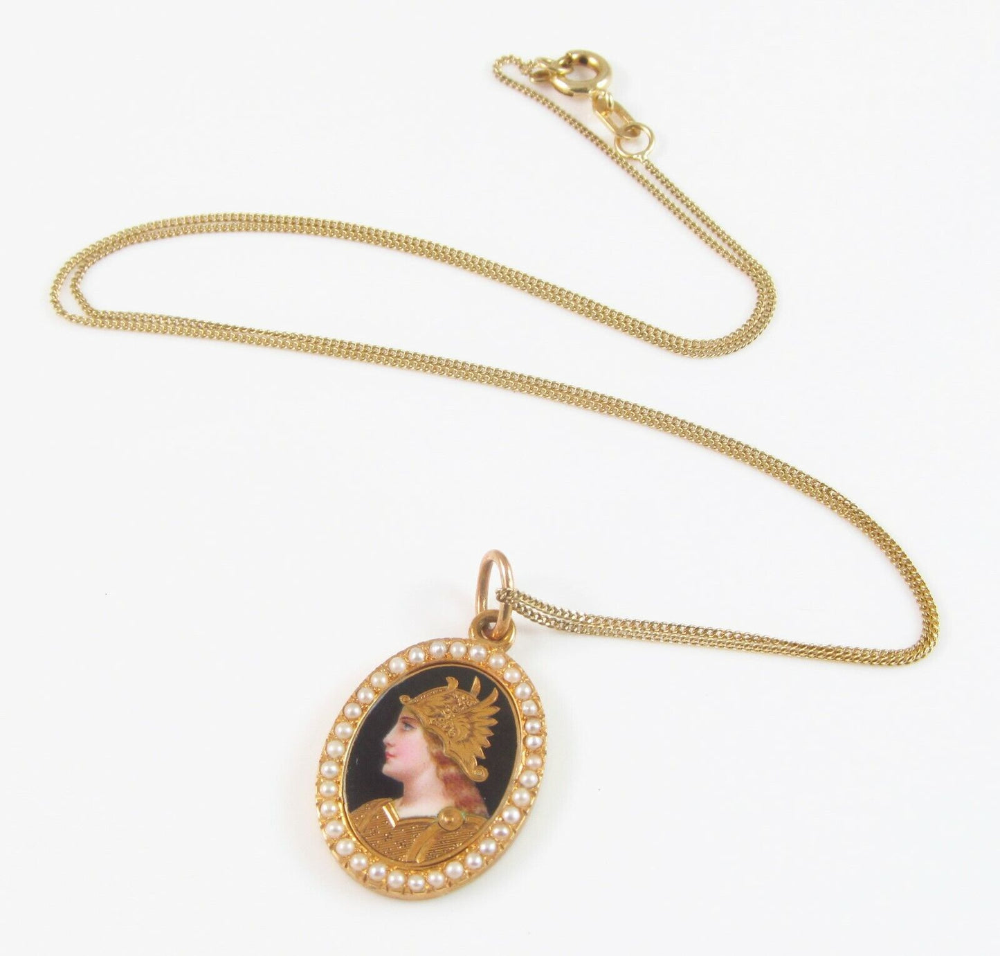Antique 18k Gold Swiss Enamel & Pearl Portrait Athena Goddess Pendant Necklace