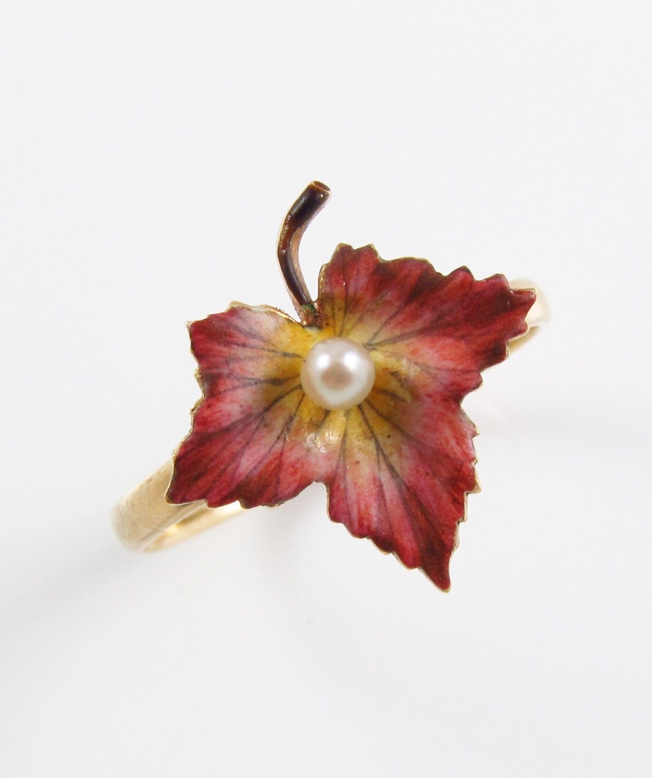 Antique 14k Gold Art Nouveau Victorian Enamel & Pearl Maple Leaf Ring Size 7
