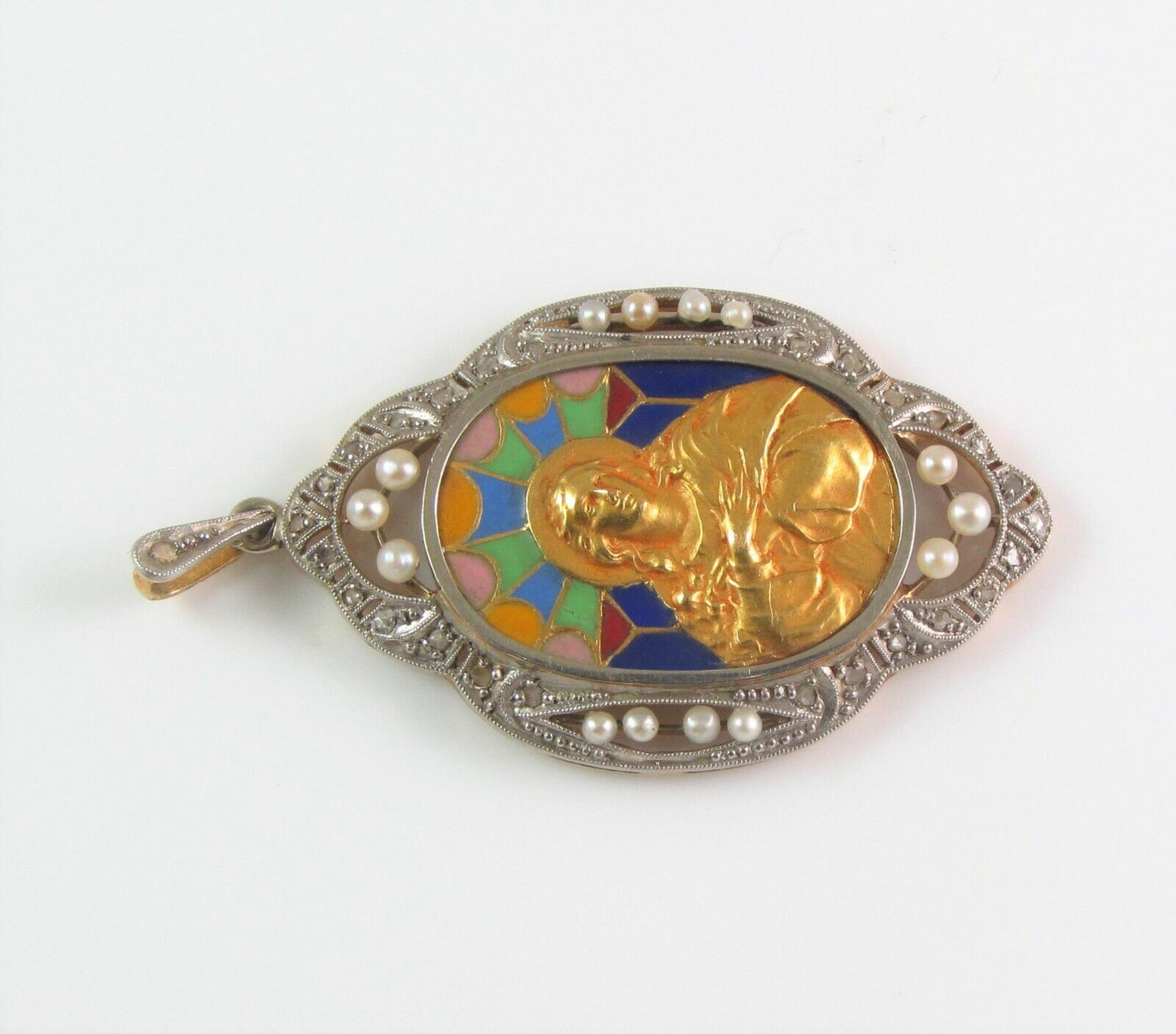 Antique 18K Gold & Platinum Enamel Diamond & Pearl Religious Virgin Mary Pendant