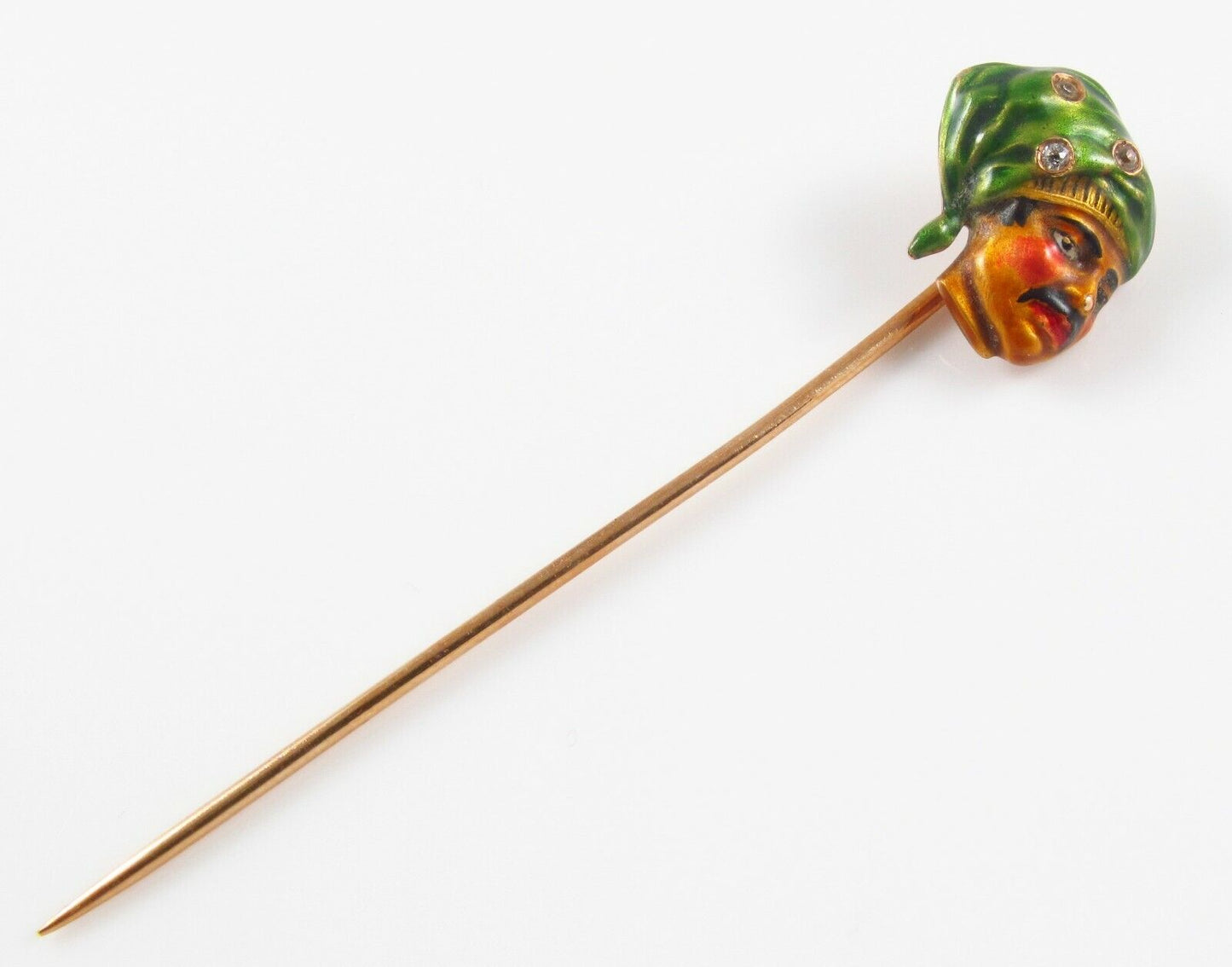 Antique 14k Gold Art Nouveau Polychrome Enamel & Diamond Pirate Stick Pin