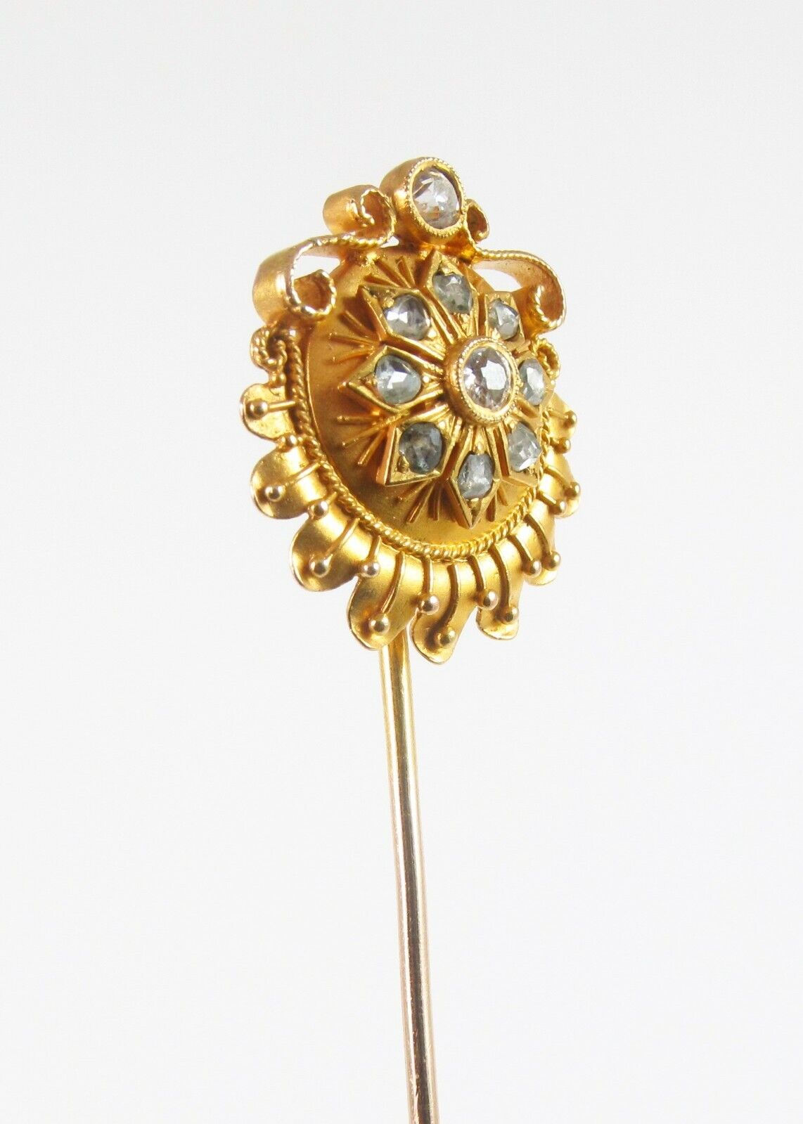 Antique Victorian 18k & 14k Gold & Diamond Etruscan Revival Stick Pin Circa 1870
