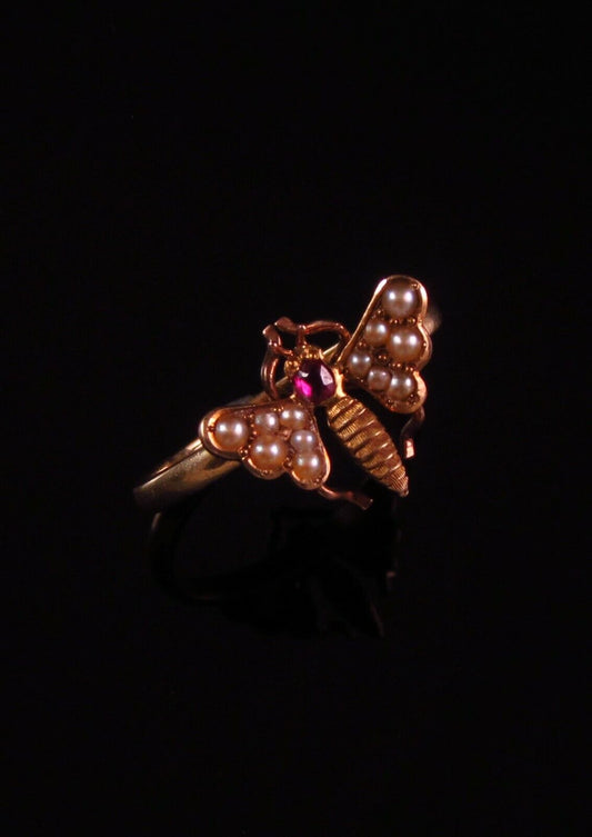 Antique 14k Gold Victorian Garnet Butterfly Pearl Conversion Ring Size 7.25