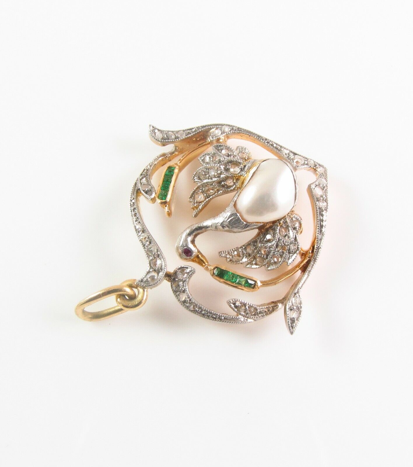 Antique Edwardian 18k Gold Platinum Topped Diamond Emerald & Pearl Swan Pendant