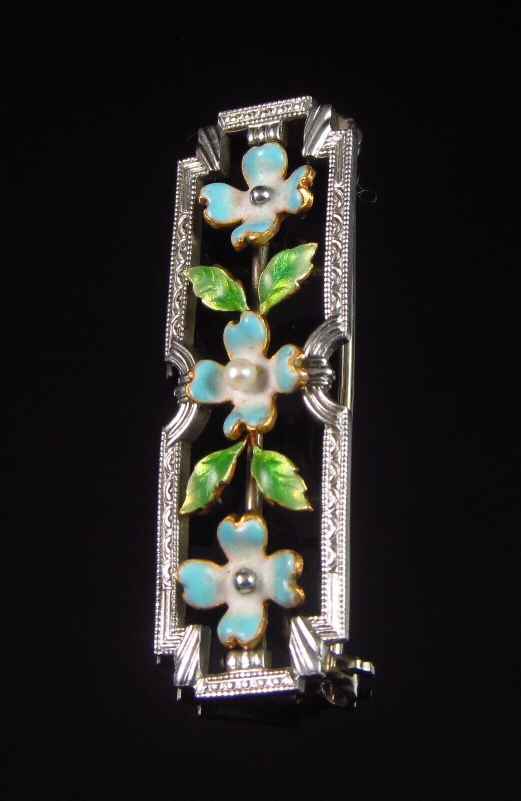 Antique Edwardian 14k Gold & Platinum Krementz Enamel Pearl Flower Brooch Pin