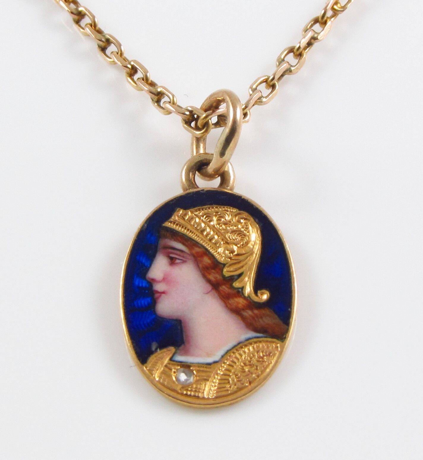 Petite 14k Gold Swiss Enamel Portrait Athena Goddess Conversion Pendant Necklace