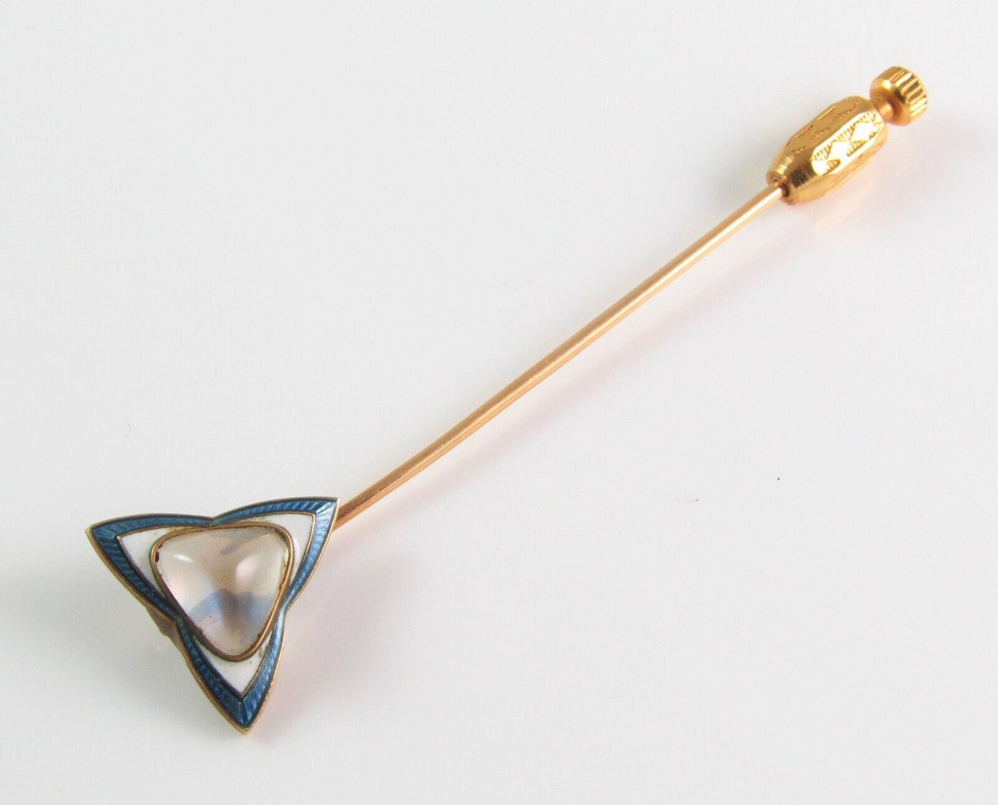 Antique 14k Gold Whiteside & Blank Guilloche Enamel Moonstone Stick Pin