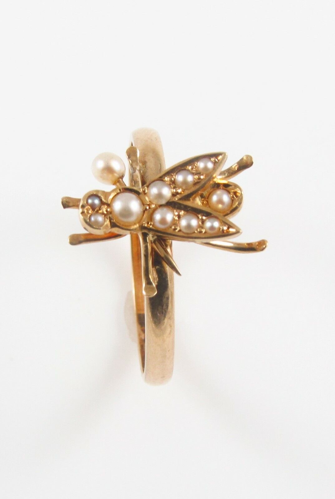 Antique 14K Gold Victorian Edwardian Pearl Fly Insect Conversion Ring Size 8