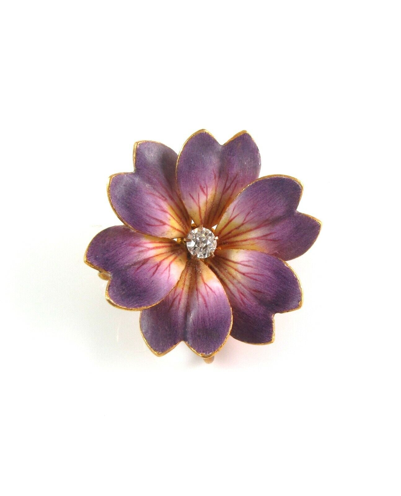 Carter Gough 14k Gold Art Nouveau Enamel Diamond Violet Flower Watch Pin Brooch