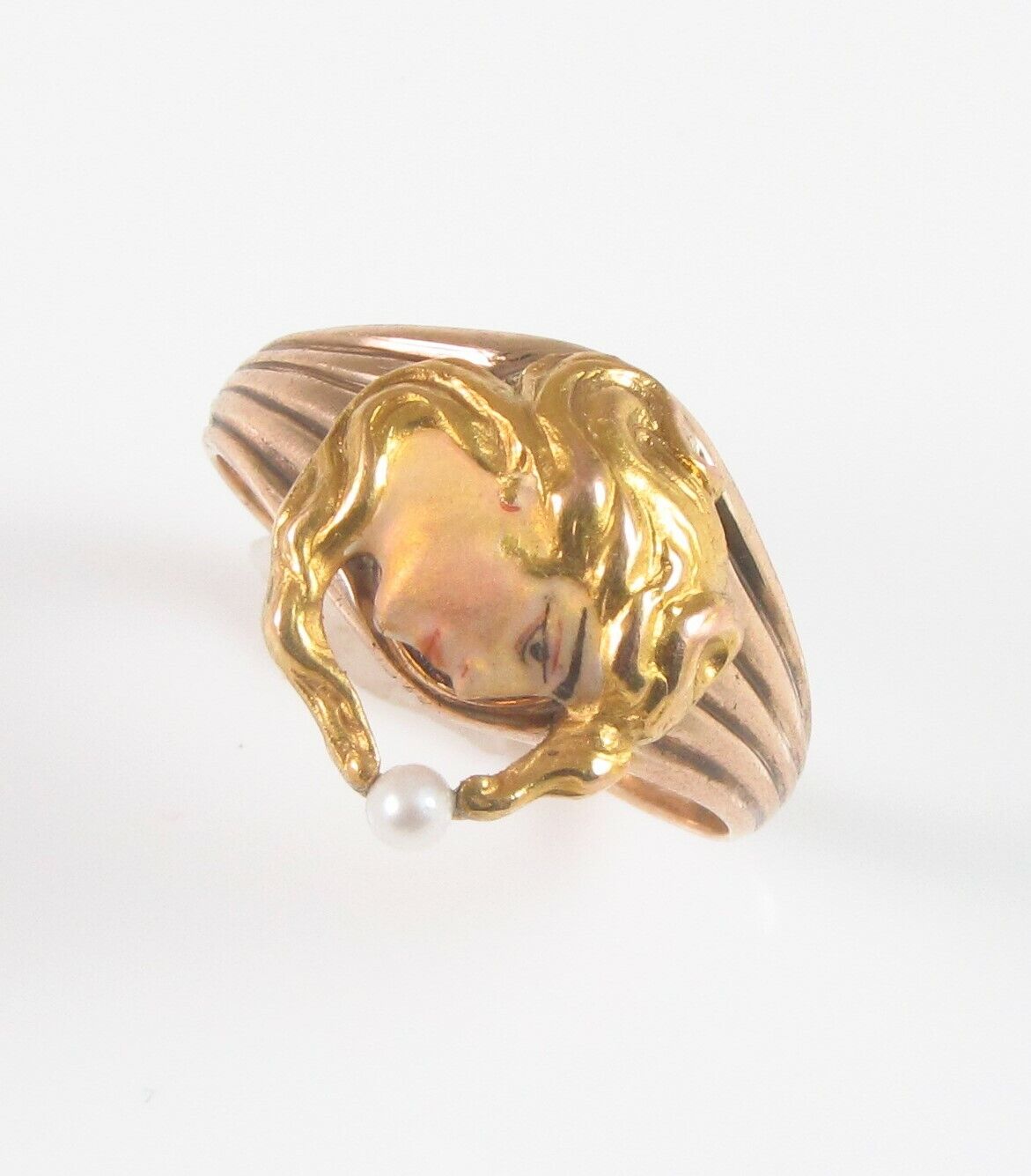 Antique 14k Gold Art Nouveau Enamel & Pearl Maiden Lady Conversion Ring Size 4.5