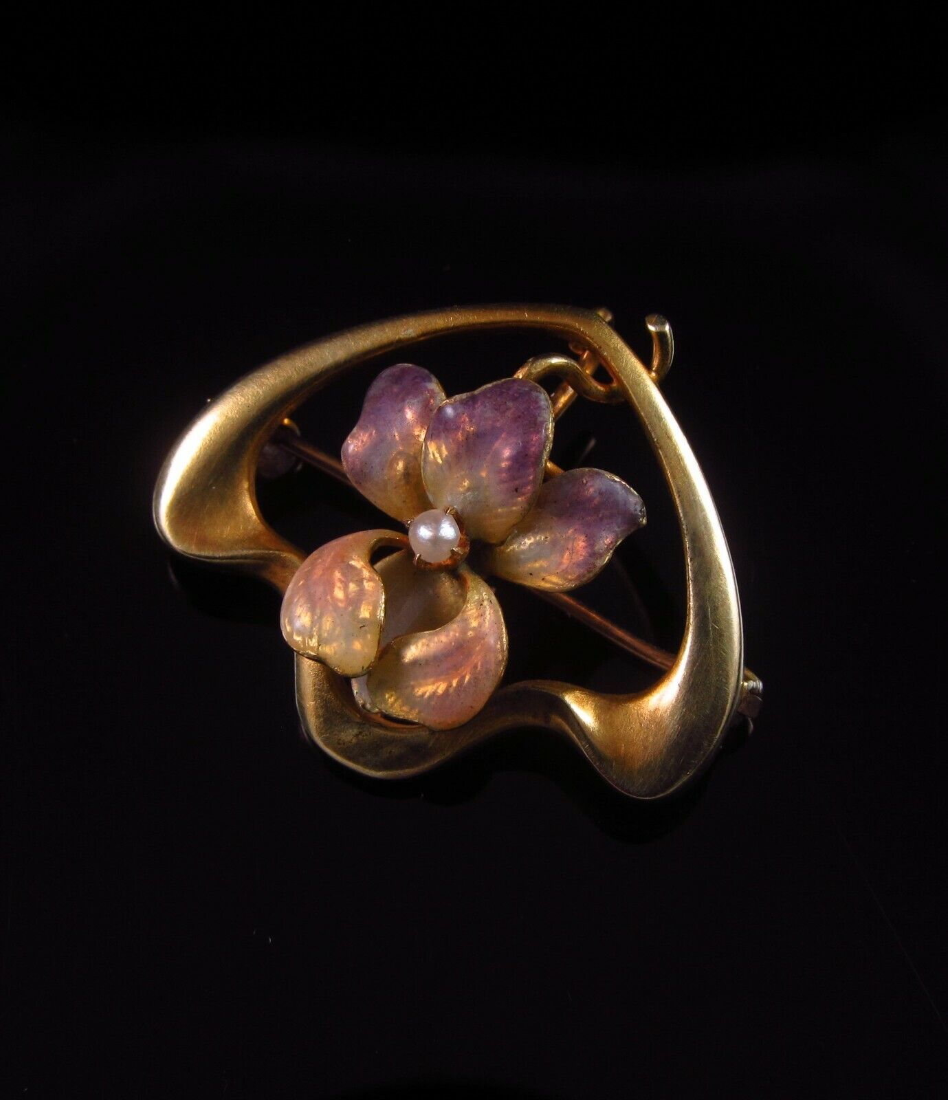 Antique 10k Gold Art Nouveau Enamel & Pearl Iris Flower Brooch Pin