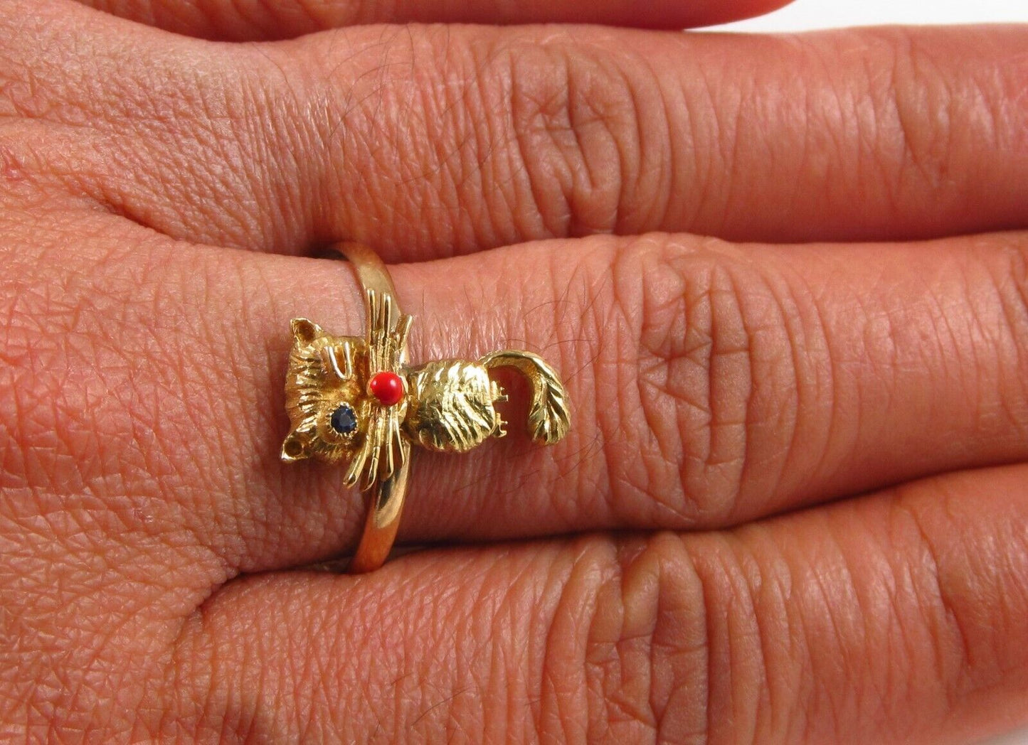 Vintage 14k Yellow Gold Sapphire Eyed & Winking Cat Conversion Ring Size 8.75