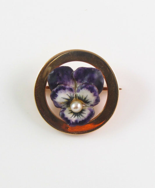 Petite 14k Gold Art Nouveau Krementz Enamel Pansy Pearl Circular Brooch Pin