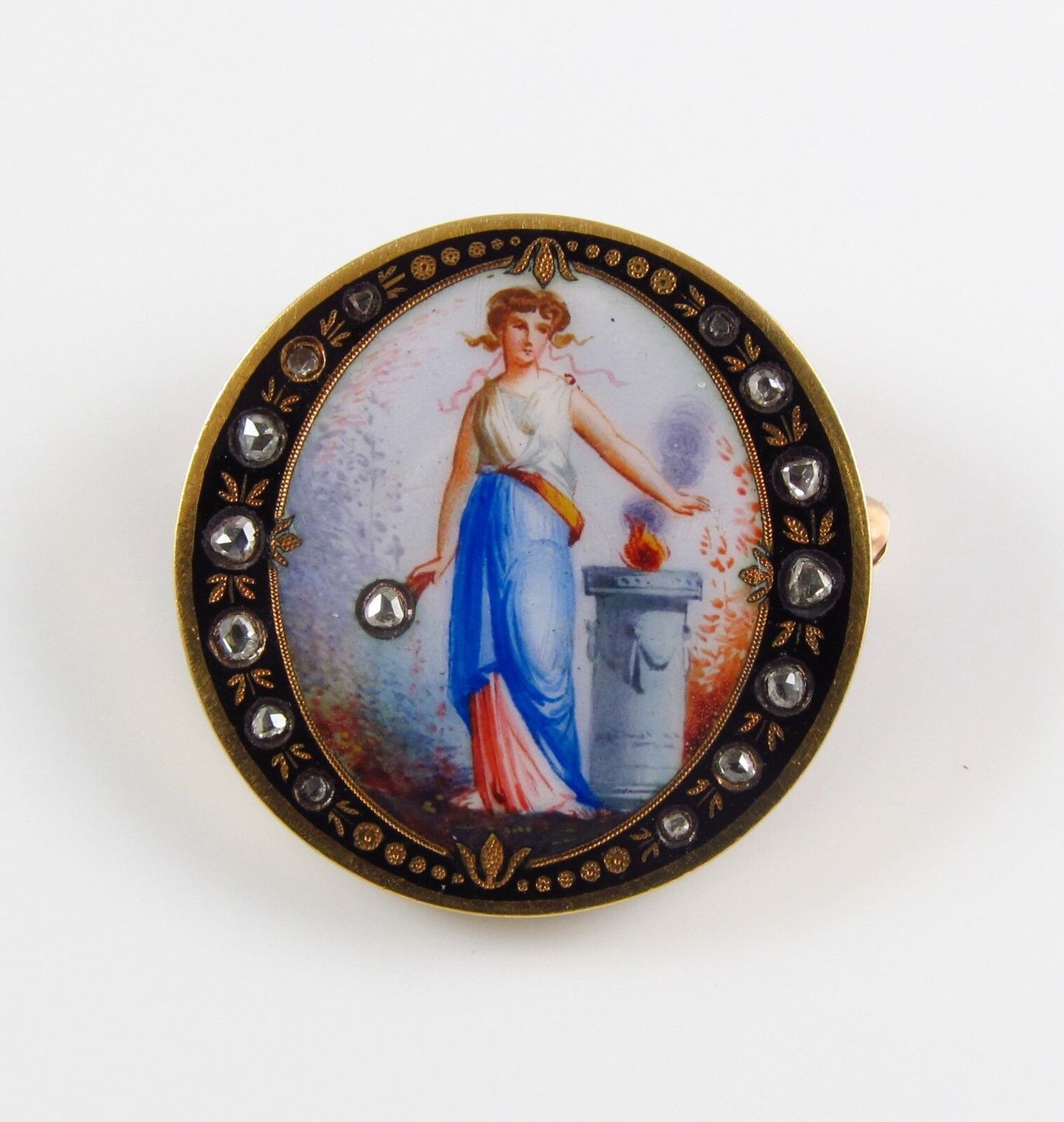 14K Gold Victorian Swiss Enamel Lady Portrait Rose Cut Diamond Set Brooch Pin