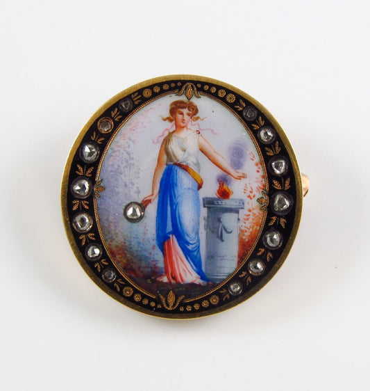 14K Gold Victorian Swiss Enamel Lady Portrait Rose Cut Diamond Set Brooch Pin