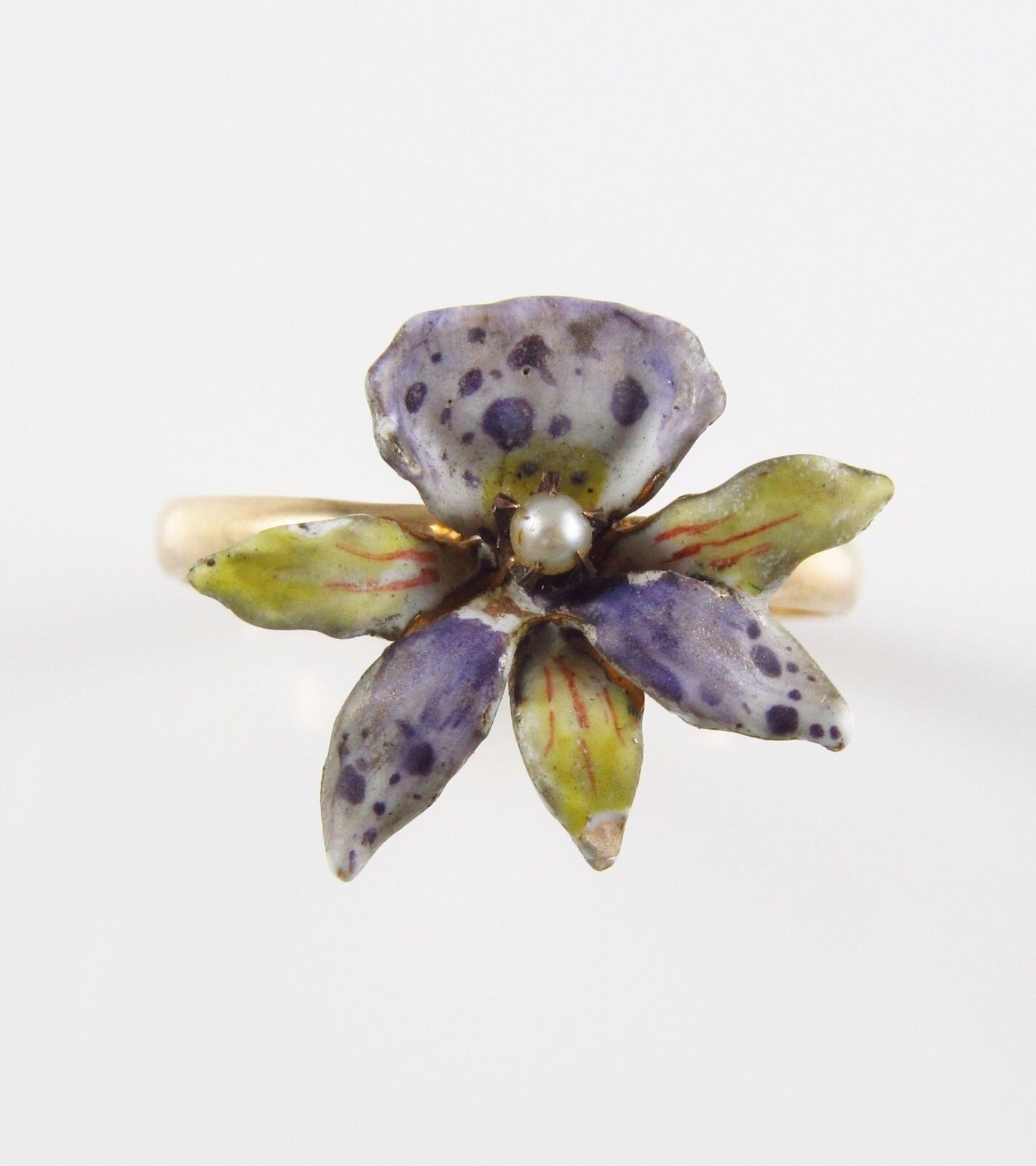 Antique 10k Gold Art Nouveau Enamel & Pearl Blooming Lily Flower Ring Size 7.5
