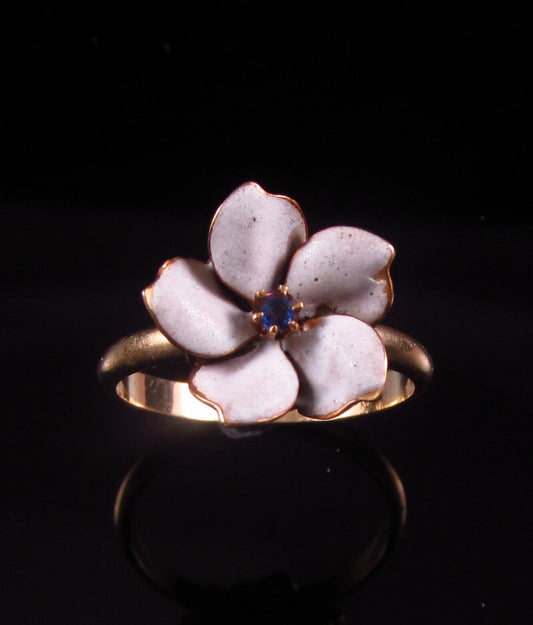 Antique 18k Gold Enamel Sapphire Pansy Style Flower Conversion Ring Size 6.25